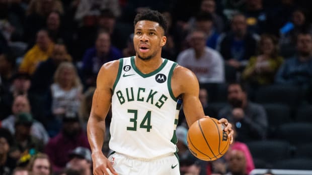 Milwaukee Bucks forward Giannis Antetokounmpo dribbles the basketball.